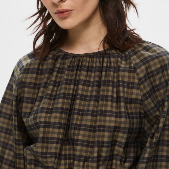 H&M Khaki Black Plaid Check Print Puff Long Sleeve Cut Out Back Midi Dress - Picture 3 of 5